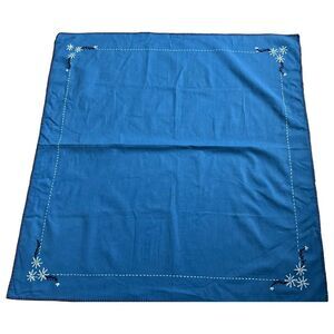 Vintage Hand Embroidered Daisy Tablecloth Blue Floral Table Cover 32.5x33